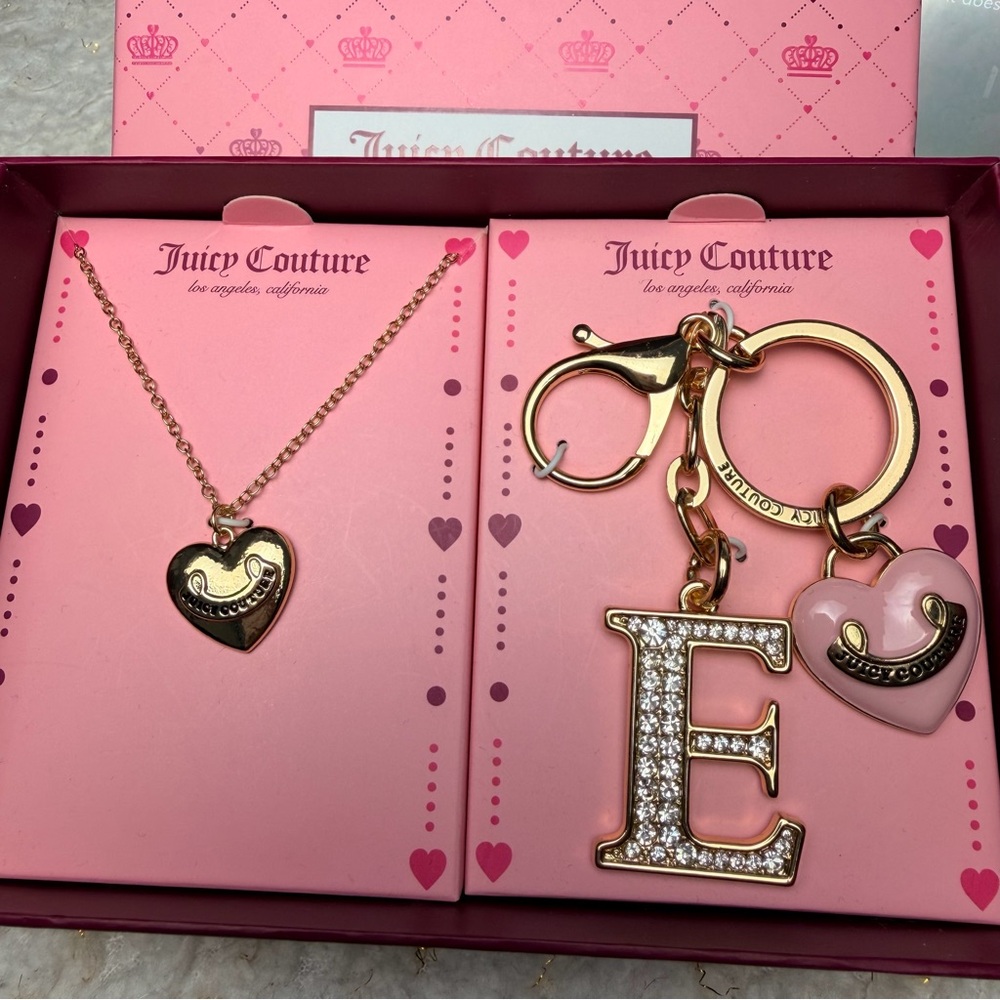 Juicy Couture  necklace &‎ clear stone initial E” & heart keychain Gold and Pink